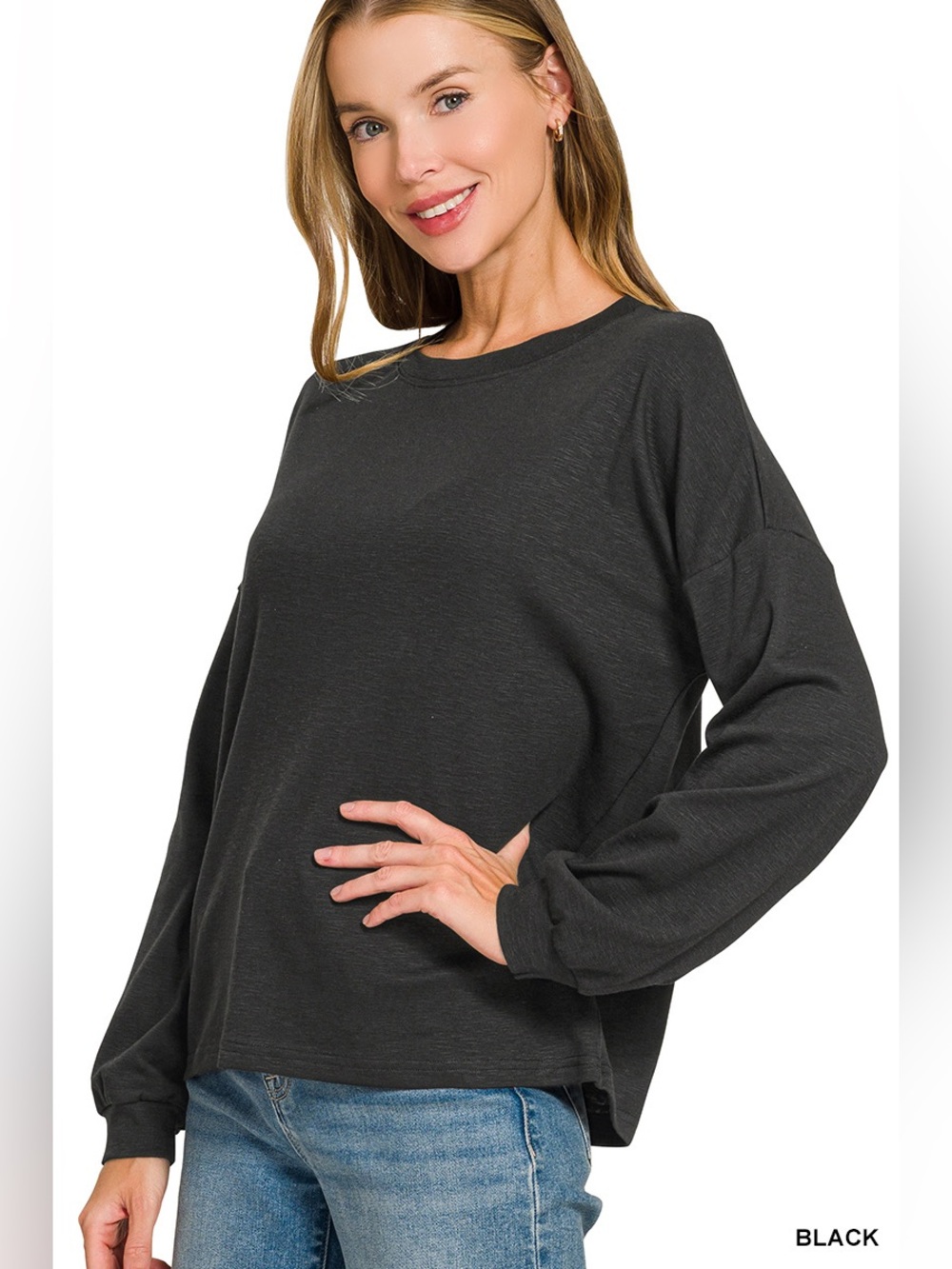 Zenana Black Cotton Modal Spandex Slub Round Neck Long Sleeve Top